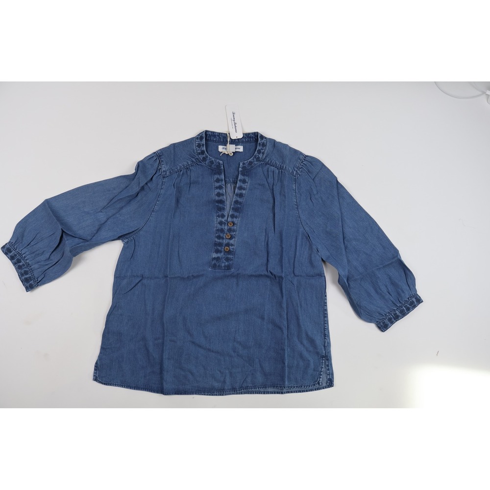 Tommy Bahama Chambray O'Lei Embroidered Top Indigo Wash Medium Tencel NWT 118